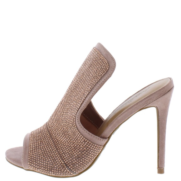 None Shoes - Dusty Blush Peep Toe Crystal Embellished Stiletto Triangle High Heel Mules
